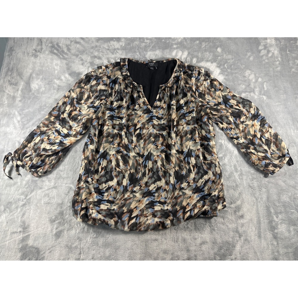 Haver London Women Abstract Print V-Neck Blouse Blue Tan Black Size Large L/G
